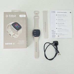 Fitbit Sense 2 Health Fitness Smartwatch Lunar White Platinum Watch Charger Box